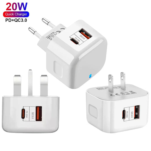 EU US UK 20W Dual Ports USB C PD Wall Fast Charger Power Adapters