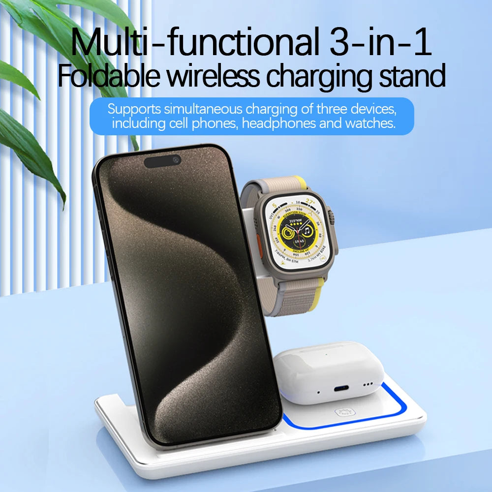 30W LED Fast Wireless Charger Stand 3 in 1 Foldable Charging Station For iPhone, Apple Watch& Airpods