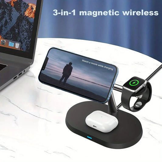 100W Magnetic Wireless Charger Stand For iPhone, Apple Watch & Airpods 3 In 1 Magsafe Fast Charging Station