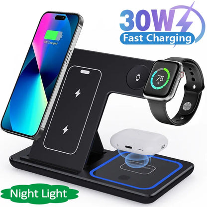 30W LED Fast Wireless Charger Stand 3 in 1 Foldable Charging Station For iPhone, Apple Watch& Airpods