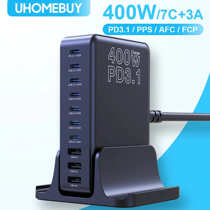 400W 10-Ports GaN Desktop GaN Fast Charge 3.1 USB Type C Fast Charger Mobile USB Charger