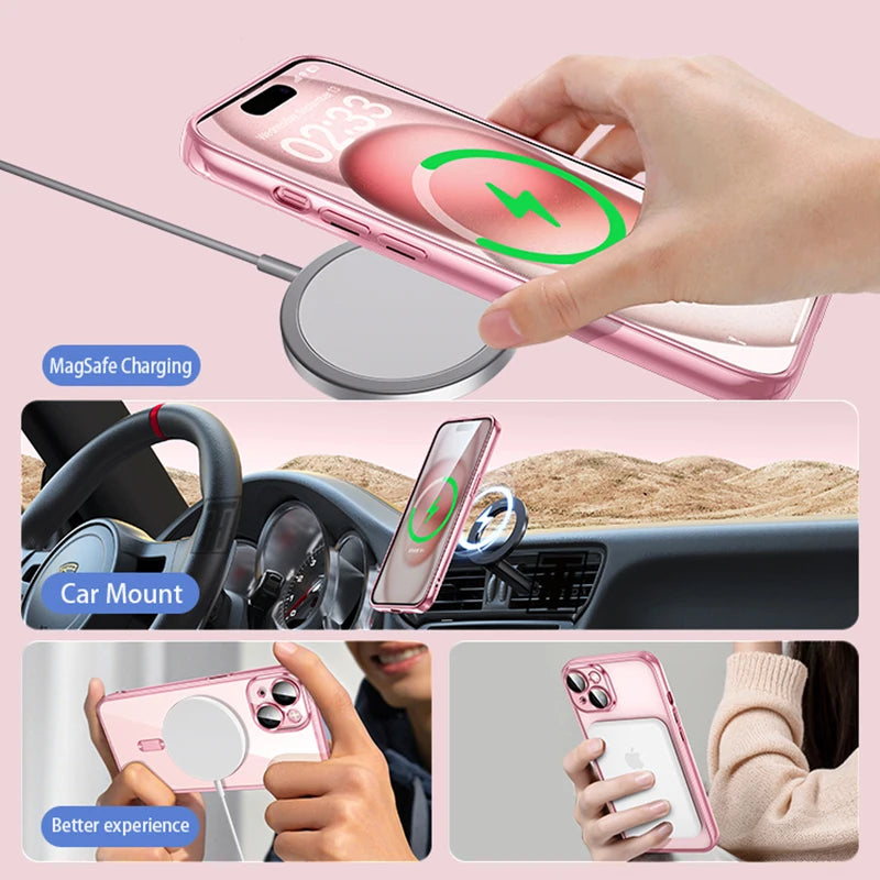 Clear Plating Ultra thin Silicone Case For iPhone 12,13,14,15 Magsafe Magnetic Lens Film Protect Cover