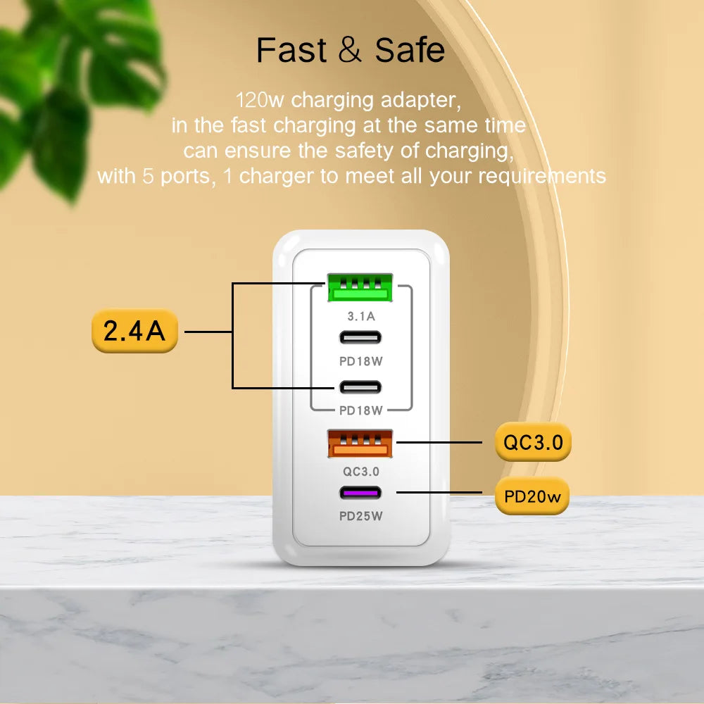 5 Port Fast Charging PD Quick Charge 3.0 USB A & C Phone Charging Adapter