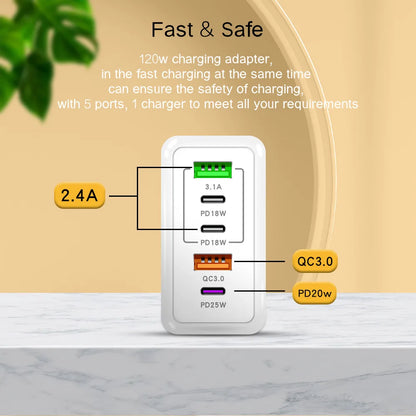 5 Port Fast Charging PD Quick Charge 3.0 USB A & C Phone Charging Adapter