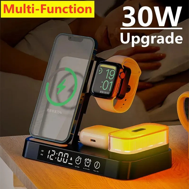 30W 3 In 1 Wireless Charger Stand With Integrated Alarm Clock And Night Light