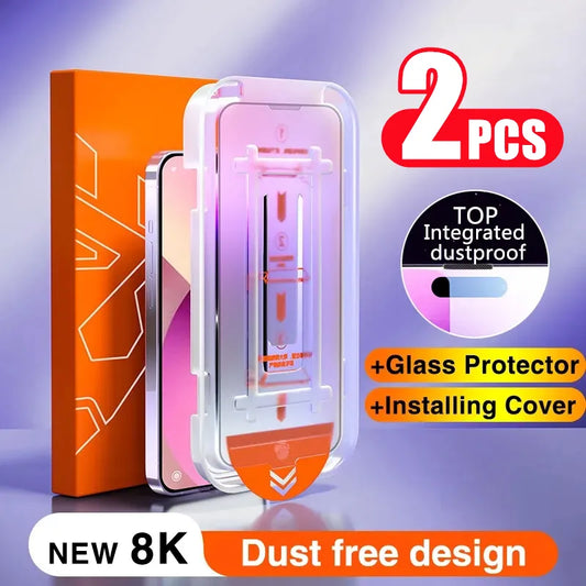 8K -2 Pcs Dust free Installation Screen Protector For iPhone 12, 13, 14, 15 All Model Variations Ultra HD Glass & Anti Spy Glass