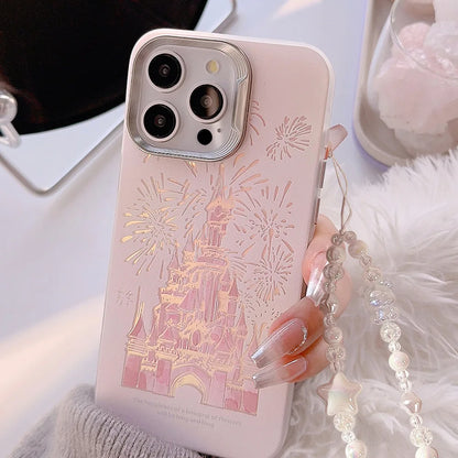 Pink Glitter Phone Case for iPhone Princess Fairytale Castle With Lanyard