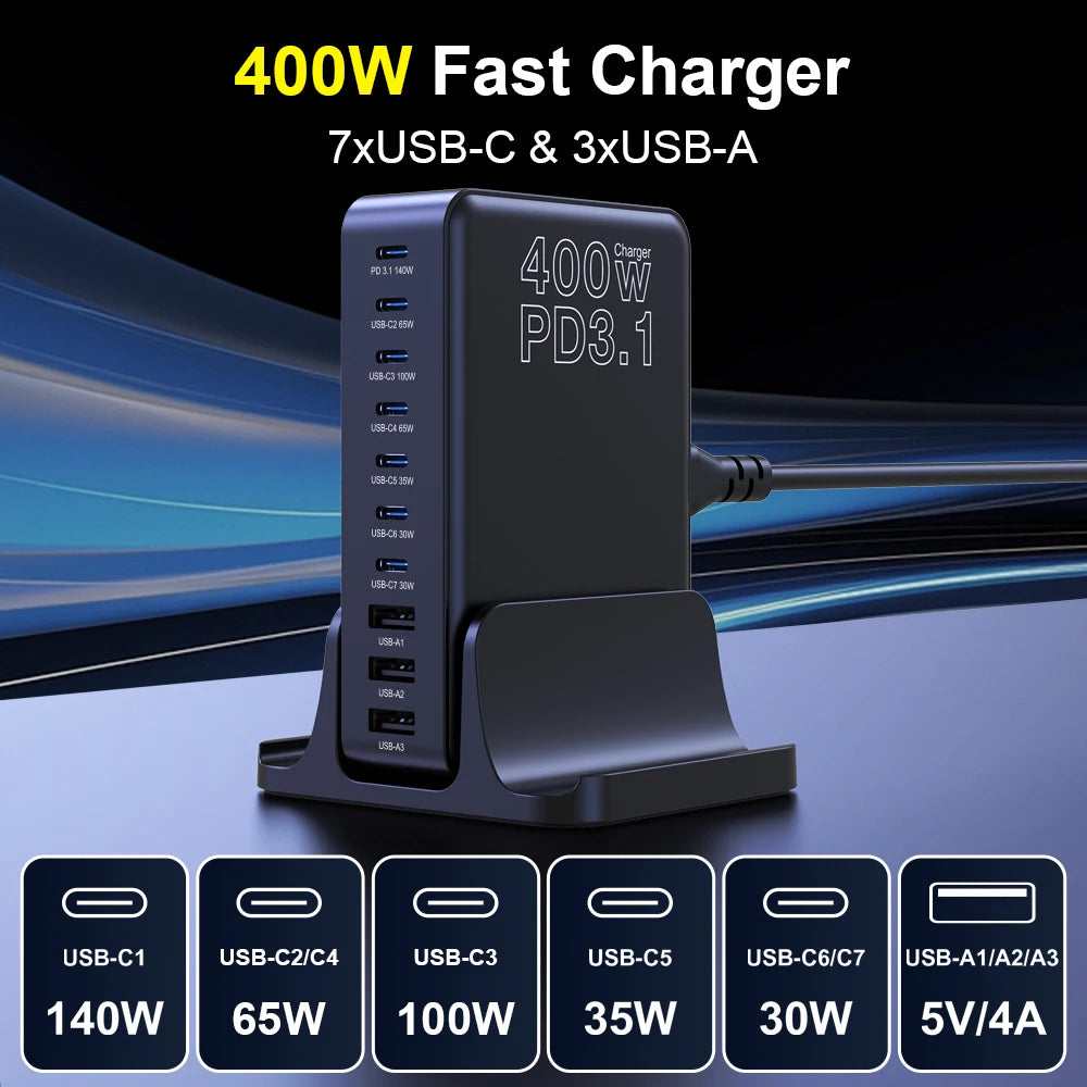 400W 10-Ports GaN Desktop GaN Fast Charge 3.1 USB Type C Fast Charger Mobile USB Charger