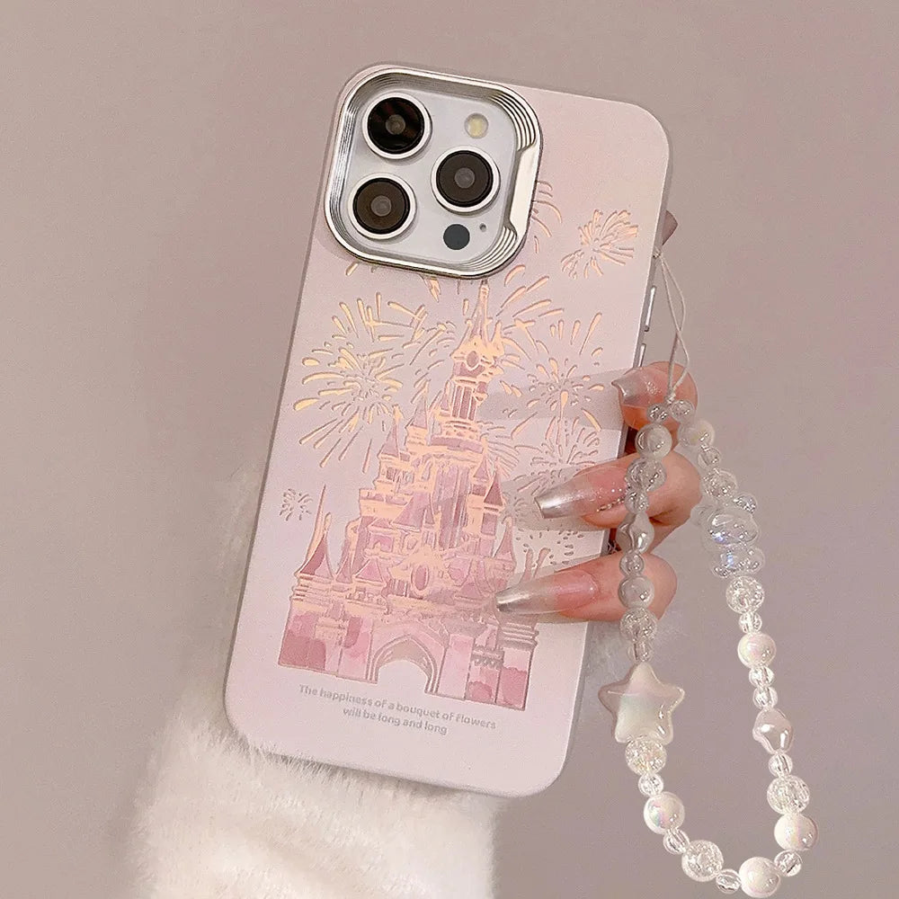 Pink Glitter Phone Case for iPhone Princess Fairytale Castle With Lanyard