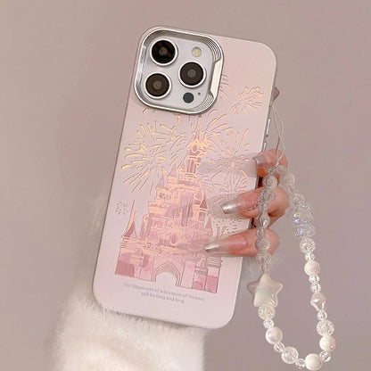 Pink Glitter Phone Case for iPhone Princess Fairytale Castle With Lanyard