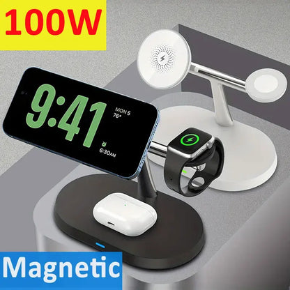 100W Magnetic Wireless Charger Stand For iPhone, Apple Watch & Airpods 3 In 1 Magsafe Fast Charging Station